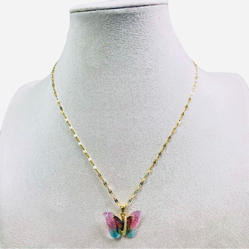 Butterfly Pink Green Gold Plated Necklace - Picture 9 of 13